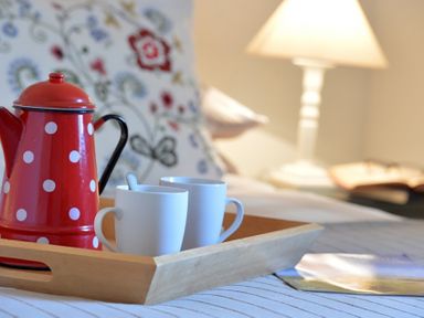 A wooden tray with a red polka dot teapot and two white mugs on a bed with a floral cushion and a table lamp in the background at Cefn Isaf in Porthmadog