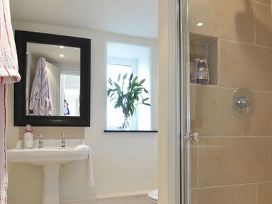 A bathroom with a pedestal sink mirror shower and window with a plant at Cefn Isaf in Porthmadog