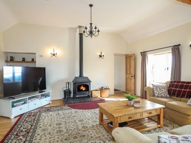 A living room with a fireplace sofa coffee table and television at Tan Twr - Chellow Cottage in Dwyran