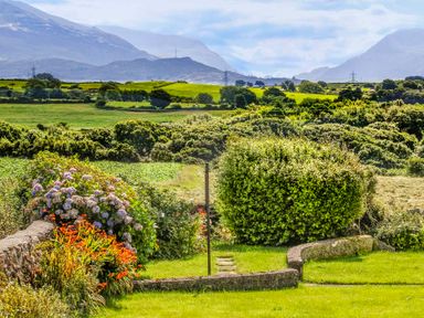 A garden with flowering plants and shrubs overlooking green fields and hills at Coed Bolyn Lodge in Bethel