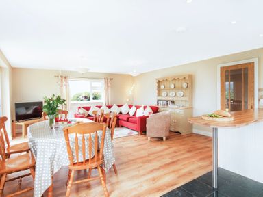 A living room with a red sofa dining table with chairs and a television at Coed Bolyn Lodge in Bethel