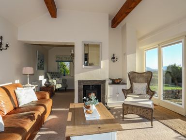 A living room with a leather sofa a wicker chair a wooden coffee table and a fireplace at Cosy Barn in Llangaffo