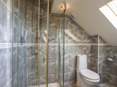 A bathroom with a glass shower enclosure and a toilet under a sloped ceiling at Cosy Barn in Llangaffo