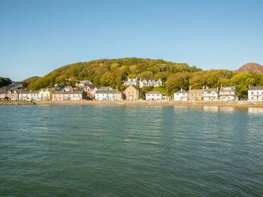 A waterfront village with houses along the shore and a tree-covered hill behind at Cuckooland in Borth-Y-Gest