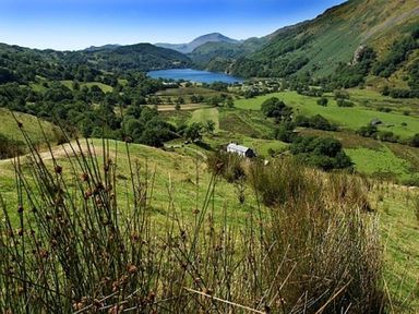 A valley with green fields trees a lake and mountains in the background at Dinas Noddfa in Nant Gwynant