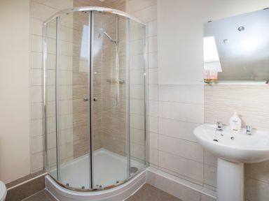 A bathroom with a corner glass shower enclosure and a white pedestal sink with a mirror above at Dol Fraint in Star
