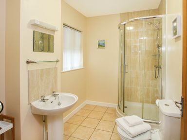 A bathroom with a pedestal sink a shower enclosure and a toilet with towels at Bryn Eira Tack Room in Llanfair PG