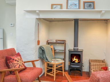 A sitting area with a wood-burning stove a chair with a blanket and shelves with magazines at Ffrwd Cottage in Bodorgan