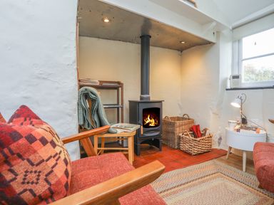 A sitting area with a wood burning stove two wicker baskets a red plaid pillow and a window at Ffrwd Cottage in Bodorgan