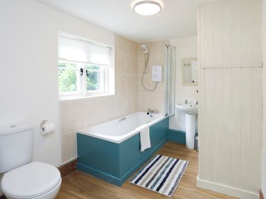 A bathroom with a toilet a bathtub with shower a sink and a striped rug at Ffrwd Cottage in Bodorgan