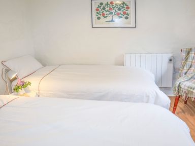 A bedroom with two single beds a framed picture a small lamp and a chair with a plaid blanket at Ffrwd Cottage in Bodorgan
