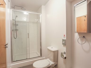 A bathroom with a shower enclosure a toilet and a wall-mounted mirror cabinet at Four The Quay in Red Wharf Bay