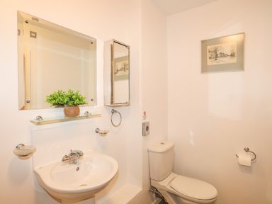 A bathroom with a sink a mirror a toilet a toilet paper holder and a framed picture at Four The Quay in Red Wharf Bay