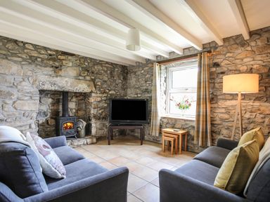 A living room with stone walls a fireplace a TV two sofas and a window with curtains at Fron Fawr in Nefyn
