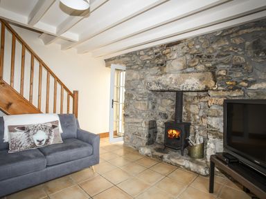 A living room with a gray sofa a stone fireplace with a wood burning stove and a television on a stand at Fron Fawr in Nefyn