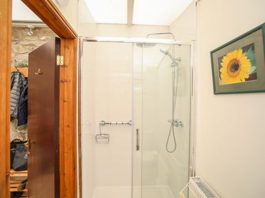 A shower with glass door wooden door with coats hanging and a sunflower picture on the wall at Fron Fawr in Nefyn