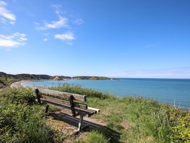 A bench on a grassy hill overlooking a curved beach and ocean at Fron Fawr in Nefyn