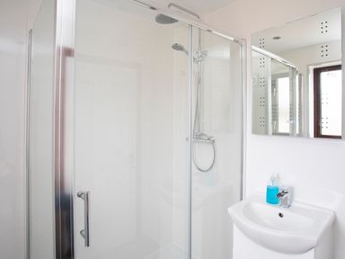 A bathroom with a glass shower enclosure a showerhead a white sink with a faucet and blue soap dispenser and a wall mirror at The Gables in Trearddur Bay