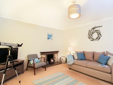 A living room with a sofa armchair fireplace television and telescope at Garnedd Lwyd in Llanfair