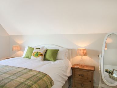 A bedroom with a bed with green and butterfly pillows two bedside tables with lamps and a standing mirror at Garnedd Lwyd in Llanfair