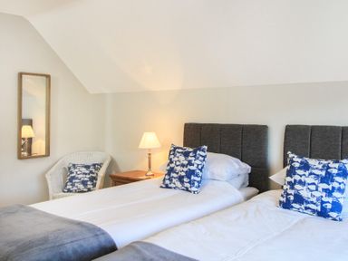 A bedroom with two single beds a bedside table with a lamp a wicker chair with a cushion and a wall mirror at Garnedd Lwyd in Llanfair