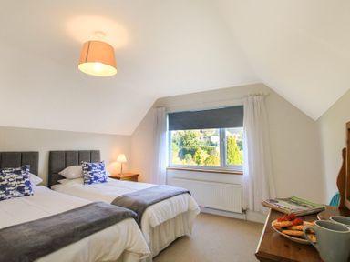A bedroom with two single beds a bedside table window and a wooden dresser with cups and snacks at Garnedd Lwyd in Llanfair