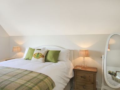 A bedroom with a bed with green pillows and a butterfly cushion two bedside tables with lamps and a standing mirror at Garnedd Lwyd in Llanfair