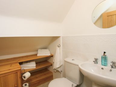 A bathroom with a toilet sink a mirror wooden shelves with towels and a towel hanging at Garnedd Lwyd in Llanfair
