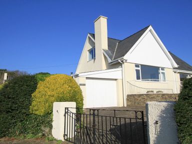 A house with a driveway and a closed garage door with bushes on both sides at Garnedd Lwyd in Llanfair
