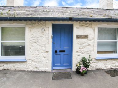 The exterior of a building with a blue door two windows and potted plants on the ground at Glan Dwr Bach in Glyn Garth