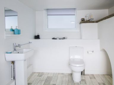 A bathroom with a sink, toilet, mirror, window, and decorative items on a shelf at Glan Dwr Bach in Glyn Garth