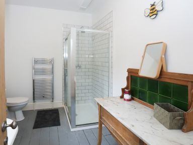 A bathroom with a shower cubicle toilet radiator wooden vanity with a mirror and a bee decoration on the wall at Gwalia Stores in Beaumaris