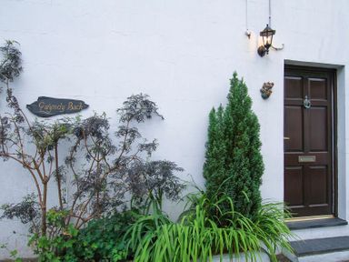 A front door with plants and a sign reading Gwyndy Bach on a white wall at Gwyndy Bach in Beddgelert