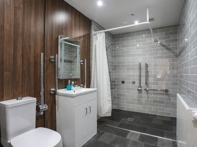 A bathroom with a white toilet, a white sink with a cabinet, a mirror, a shower area with a curtain and grab bars at Harlech Apartments - Bendigeidfran in Harlech