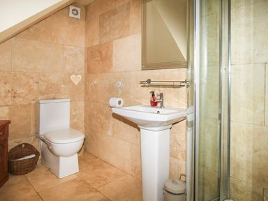 A bathroom with a toilet sink shower and wicker basket at Hen Gilfach in Llanfairyngnhornwy