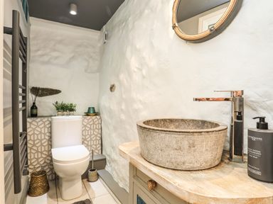 A bathroom with a toilet plants decorative items a round stone sink with a faucet and a wall mirror at Hen Gilfach in Llanfairyngnhornwy