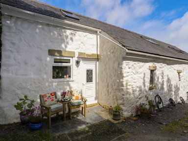 Outside view of a white stone building with two wooden chairs and flowers at Hen Gilfach in Llanfairyngnhornwy