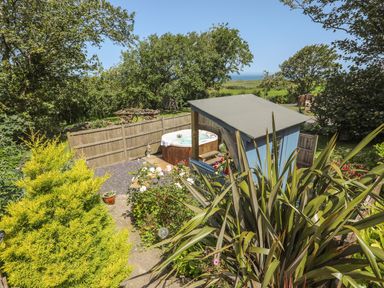 A garden with a hot tub next to a blue shed and various plants and trees at Hen Gilfach Stable in Llanfairyngnhornwy