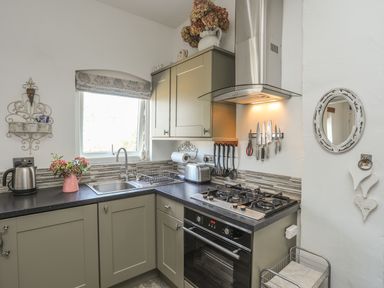 A kitchen with green cabinets a gas stove a sink and a window at Hen Gilfach Stable in Llanfairyngnhornwy