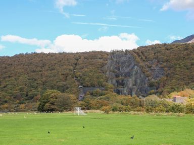 A grassy field with a soccer goal and birds in front of a forested hillside with rocky outcrops at Hirfron in Llanberis