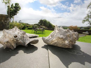 Large seashells on a stone surface in a garden with a metal table and chairs on grass at Big House in Llandecwyn
