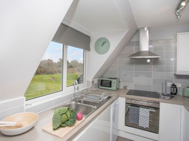 A kitchen with a stove microwave and sink next to a window overlooking grass at Isallt in Trearddur Bay