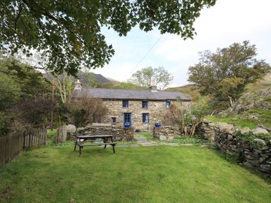 A stone cottage with blue windows and a wooden bench in a grassy yard at Llwyn Bedw in Nant Peris