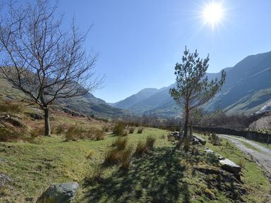 A mountain valley with a few trees grassy terrain and a dirt path under a clear sky at Llwyn Bedw in Nant Peris