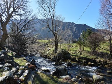 A stream flowing through a grassy area with leafless trees and mountains in the background at Llwyn Bedw in Nant Peris