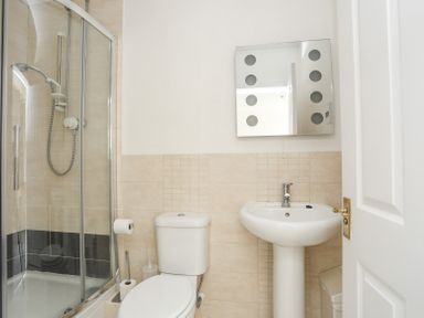 A bathroom with a shower enclosed by glass, a toilet, a sink with a faucet, a wall mirror, a toilet paper holder, and a trash bin at Mermaid Cottage in Brynsiencyn