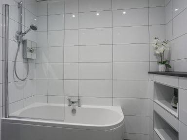 A bathroom with a bathtub a showerhead a glass shower screen white tiled walls and a shelf with a plant at Mermaid Cottage in Brynsiencyn