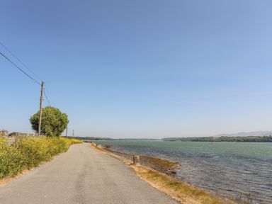 A road running alongside water with grass and trees on one side and hills in the distance at Mermaid Cottage in Brynsiencyn