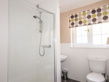 A bathroom with a shower enclosure a toilet a sink a window with a polka dot blind and a small trash bin at Mews Cottage in Menai Bridge