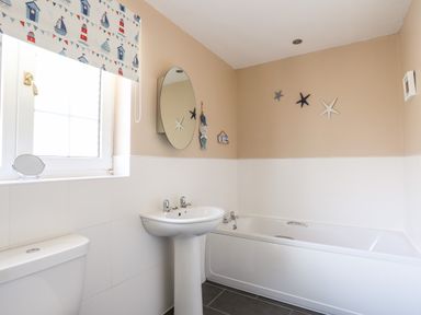 A bathroom with a toilet sink and bathtub with starfish decorations on the wall at Mews Cottage in Menai Bridge